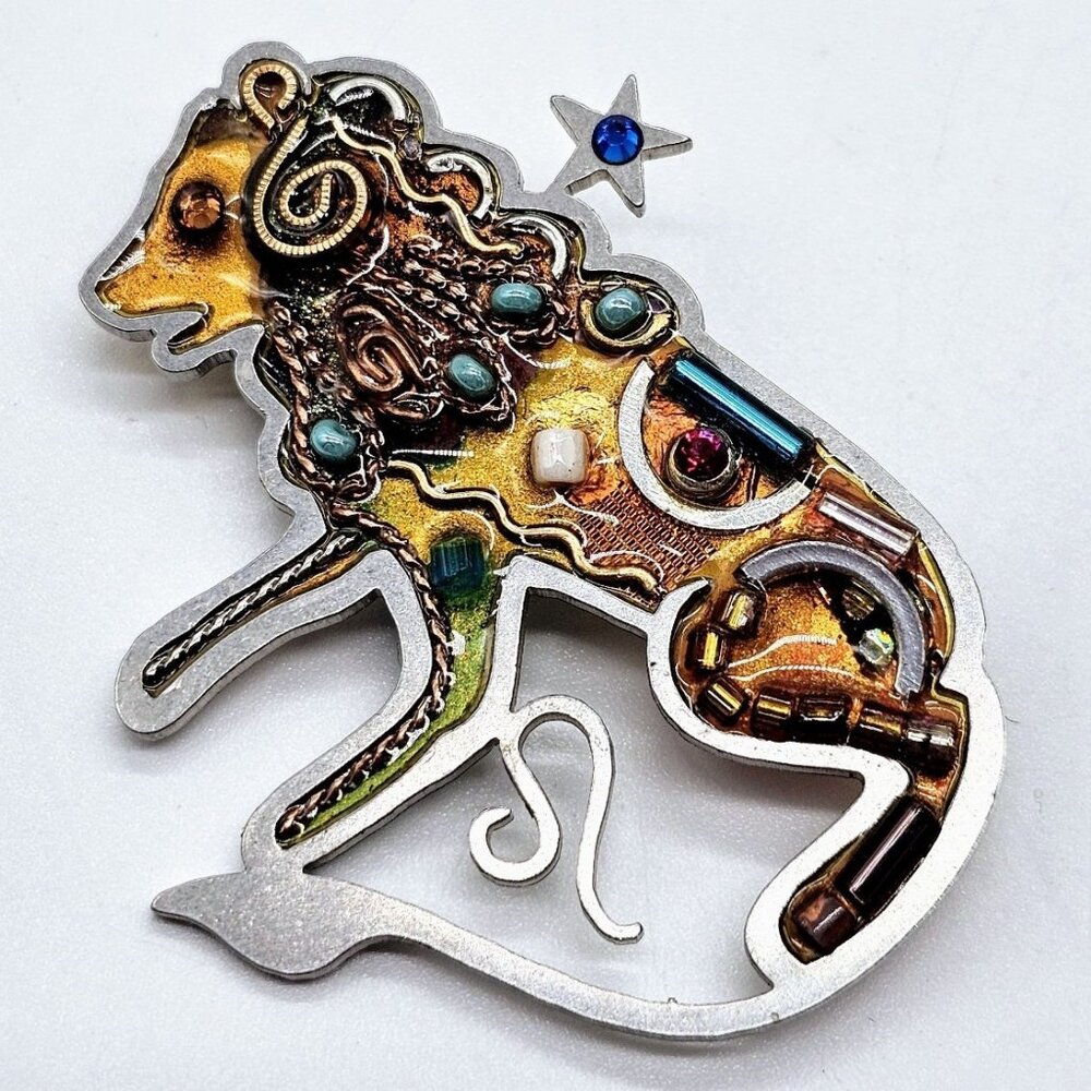 Seeka Lion Pin Brooch Laser Cut Steel With Swarovski Crystals Leo Astrology Boho